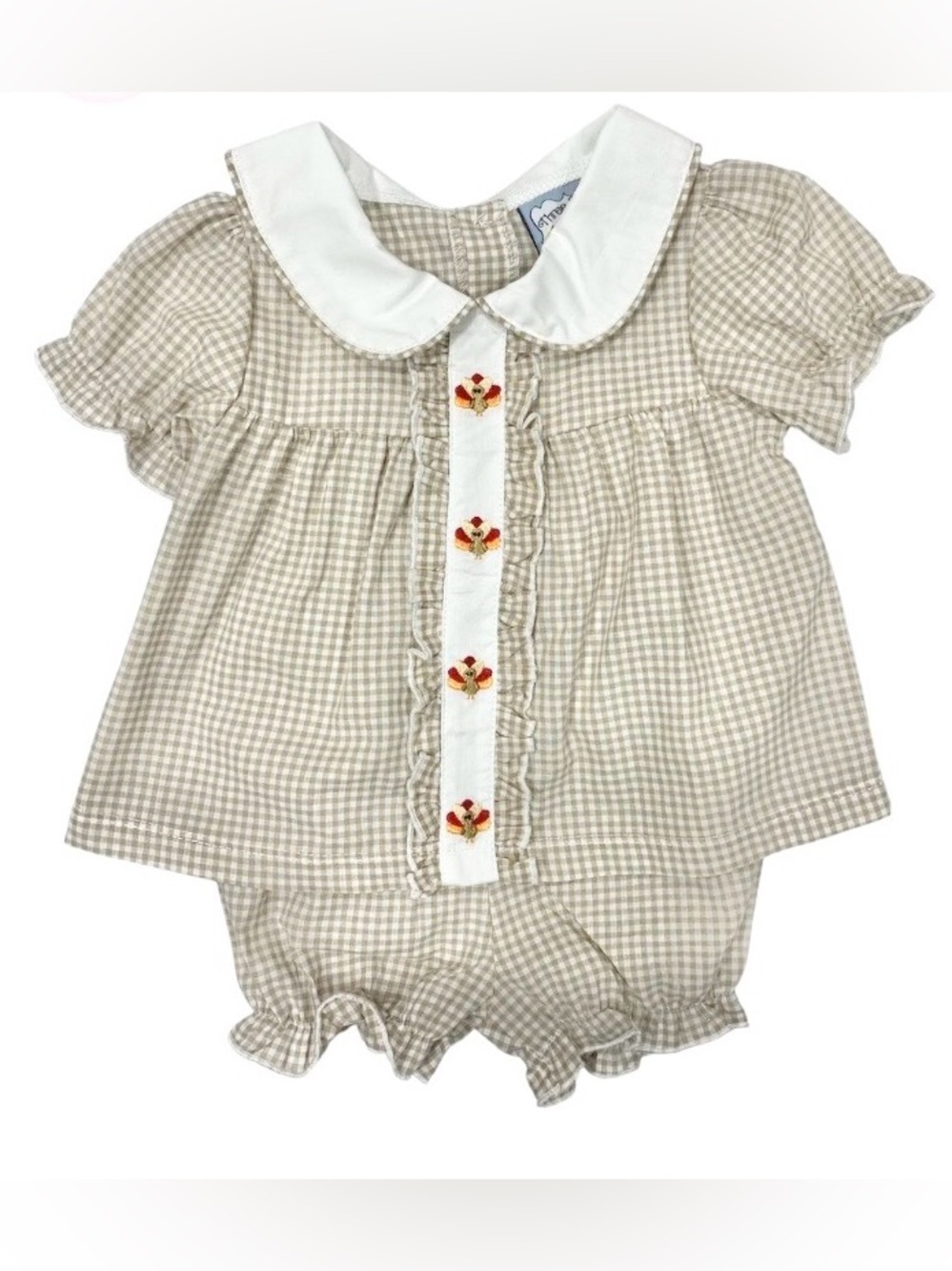 NWOT Beige Gingham Baby Dress & Bloomers with Turkey Embroidery